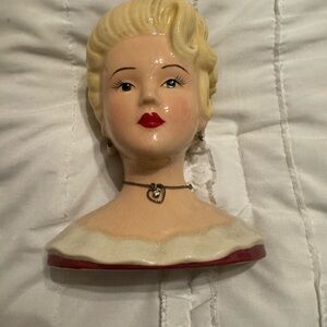 Vintage Ceramic Lady Bust with Red and Cream Accents